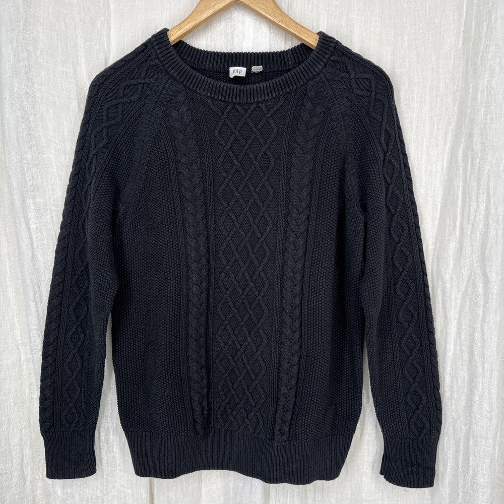 GAP Black Cable Knit Sweater M Fisherman Dark Academia Minimalist Preppy Cotton